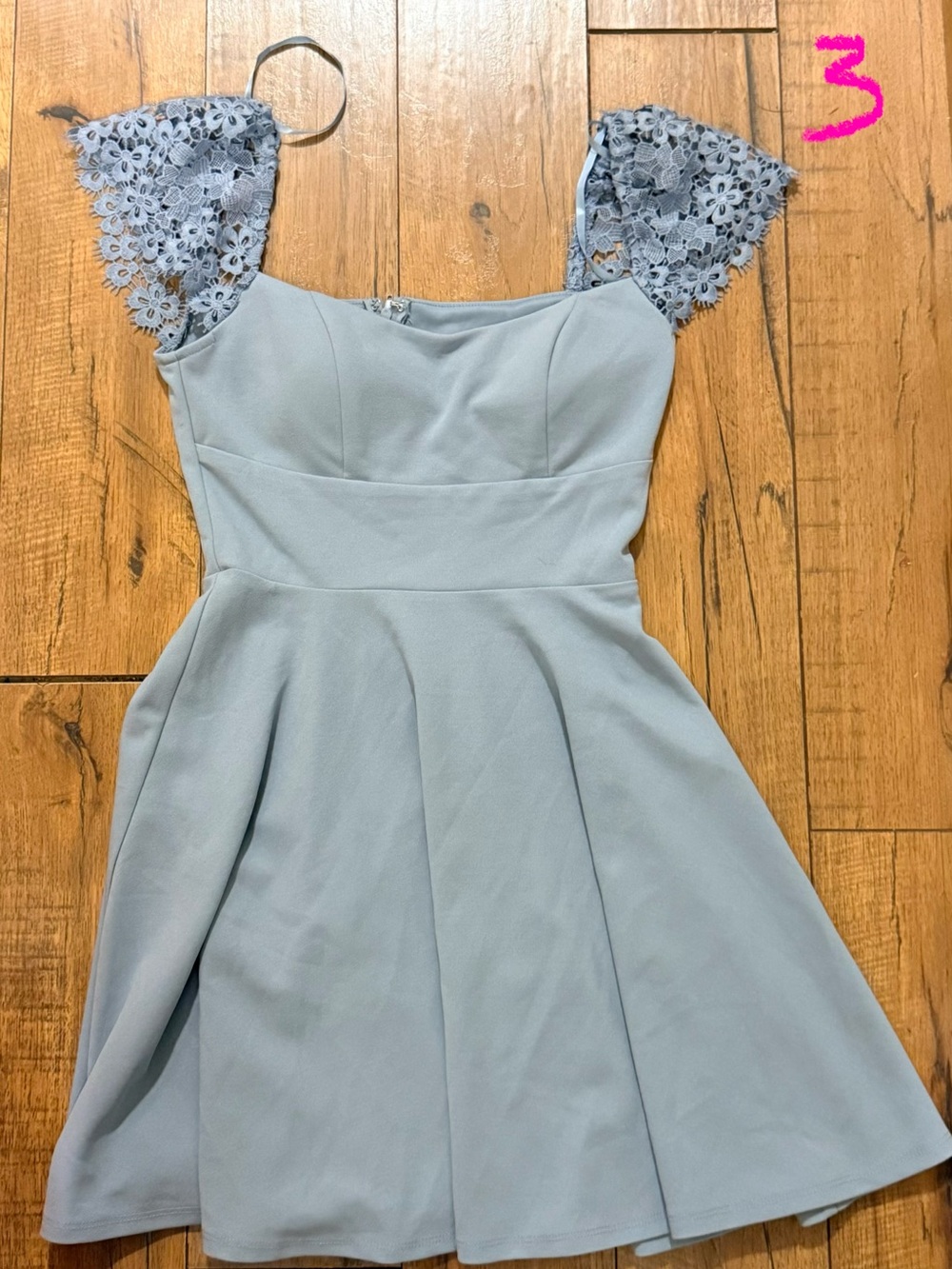 Light Blue Lace Sleeve Fit-and-Flare Dress